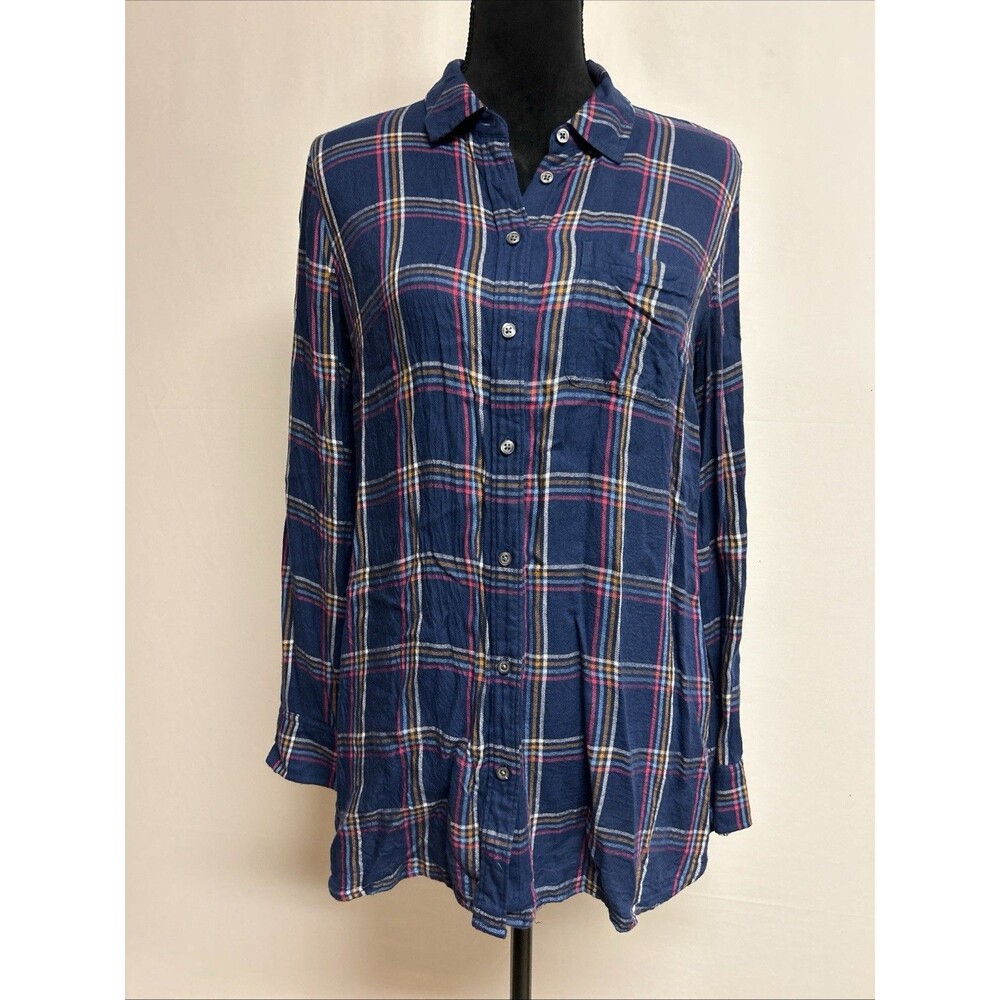 Talbots Womens Sz M Top Button Down Navy Blue Plaid Rayon Long Sleeve